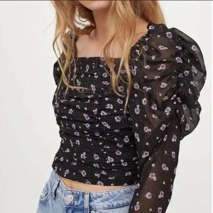 Black Ruched Tie Front Blouse